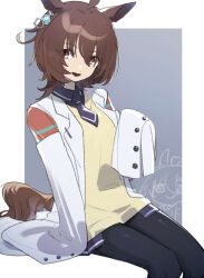 Rule 34 | 1girl, agnes tachyon (umamusume), ahoge, animal ears, black necktie, black pantyhose, brown hair, collared shirt, earrings, hand up, highres, horse ears, jewelry, lab coat, looking at viewer, medium hair, michia (bourgognepony), necktie, open mouth, pantyhose, red eyes, shirt, short necktie, single earring, sleeves past fingers, sleeves past wrists, smile, solo, sweater, umamusume, yellow sweater