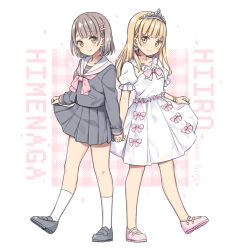 Rule 34 | 2girls, blonde hair, blush, bow, bow earrings, brown eyes, brown hair, closed mouth, commentary request, copyright request, dress, earrings, frilled dress, frills, grey footwear, grey serafuku, grey shirt, grey skirt, hair ornament, hairclip, hatsunatsu, highres, jewelry, loafers, long hair, looking at viewer, multiple girls, pink bow, pink footwear, plaid, plaid background, pleated dress, pleated skirt, puffy short sleeves, puffy sleeves, sailor collar, school uniform, serafuku, shirt, shoes, short sleeves, skirt, smile, socks, tiara, white dress, white sailor collar, white socks