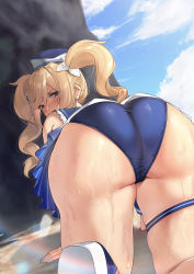 Rule 34 | 1girl, absurdres, all fours, ass, barbara (genshin impact), barbara (summertime sparkle) (genshin impact), bare arms, bikini, bikini skirt, blonde hair, blue bikini, blue eyes, blue skirt, blue sky, blush, cameltoe, cloud, genshin impact, hair between eyes, hat, highres, long hair, looking at viewer, looking back, maskwolf, official alternate costume, outdoors, pleated skirt, sailor bikini, sailor collar, sailor hat, skindentation, skirt, sky, solo, swimsuit, thigh strap, twintails, two-tone footwear, two-tone headwear