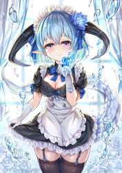 Rule 34 | 1girl, akami770, alternate costume, apron, black thighhighs, blue hair, blue ribbon, blush, breasts, cleavage, closed mouth, clothes lift, crystal, curtains, dragon girl, dragon horns, dragon tail, dress, elbow gloves, enmaided, flower, frilled apron, frilled dress, frills, garter straps, gloves, granblue fantasy, hair between eyes, hair flower, hair ornament, hair ribbon, heart, highres, horns, large breasts, looking at viewer, maid, maid apron, maid headdress, pointy ears, puffy short sleeves, puffy sleeves, purple eyes, ribbon, shadowverse, short hair, short sleeves, skirt, skirt hold, skirt lift, smile, solo, tail, thighhighs, water drop, white gloves, whitefrost dragonewt filene, window, zettai ryouiki