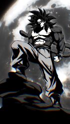 Rule 34 | anaglyph, black hair, broonoart, dragon ball, dragon ball gt, earth (planet), highres, looking at viewer, monochrome, muscular, muscular male, planet, serious, solo, son goku, space, spiked hair, standing, super saiyan, super saiyan 4, tagme, tail