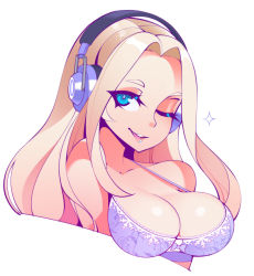 Rule 34 | 1girl, :d, blonde hair, blue eyes, bra, breasts, cleavage, commentary, commission, cropped torso, dated commentary, english commentary, frilled bra, frills, halphelt, headphones, long hair, looking at viewer, medium breasts, one eye closed, open mouth, original, purple bra, simple background, smile, solo, sparkle, underwear, underwear only, white background