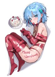 1girl blue_eyes bound bound_legs bound_wrists breasts cake christmas christmas_cake eating elbow_gloves food fruit gloves hair_ornament indie_virtual_youtuber kanzarin kanzarin_(vtuber) lying merry_christmas multicolored_hair navel nude on_side panties red_gloves red_hair red_panties red_thighhighs short_hair simple_background small_breasts solo strawberry thighhighs two-tone_hair underwear virtual_youtuber white_background