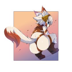 Rule 34 | 1girl, animal ears, anus, anus peek, ass, bell, blue eyes, body fur, boots, female focus, fox ears, fox tail, from behind, furry, furry female, looking back, lowres, omunikin, original, solo, squatting, tail, transparent background, white hair
