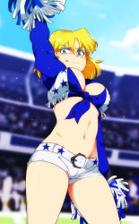 Rule 34 | 1girl, arm up, belt, blonde hair, blurry, blurry background, breasts, cheerleader, commentary, cowboy shot, dallas cowboys, day, english commentary, green eyes, highres, jcm2, large breasts, looking at viewer, lori loud, micro shorts, midriff, navel, outdoors, pom pom (cheerleading), shirt, short hair, short shorts, shorts, smile, smirk, solo, sparkle, the loud house, tied shirt