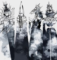 Rule 34 | 1girl, 3others, absurdres, armor, bishop (chess), brooch, chess piece, clothing request, commentary, covered eyes, cross, crown, dress, english commentary, greyscale, hat, highres, holding, jewelry, knight (chess), long sleeves, mitre, monochrome, multiple others, nezumiayasha, original, puffy long sleeves, puffy sleeves, queen (chess), rook (chess), scarf, sharp teeth, short hair, sidelocks, teeth