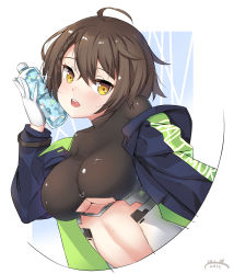 Rule 34 | 1girl, absurdres, azur lane, baltimore (azur lane), blush, bodysuit, bottle, bottle to cheek, braid, breasts, brown hair, chinese commentary, clothing cutout, collarbone, commentary request, french braid, gloves, hair between eyes, head tilt, highres, jacket, looking at viewer, medium breasts, open mouth, short hair, shou jian yu, solo, stomach, stomach cutout, teeth, underboob, underboob cutout, upper teeth only, water bottle, white gloves, yellow eyes
