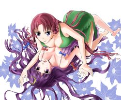 Rule 34 | 2girls, barefoot, blue eyes, blush, breast press, breasts, camisole, chemise, cleavage, crescent, crescent hair ornament, dress, eye contact, female focus, girl on top, hair ornament, hair ribbon, holding hands, highres, holding another&#039;s wrist, hong meiling, large breasts, long hair, looking at another, lying, multiple girls, on back, open mouth, patchouli knowledge, purple eyes, purple hair, red hair, ribbon, shy, side slit, smile, suke (tina18), symmetrical docking, touhou, yuri