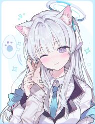 Rule 34 | 0202ase, 1girl, 1other, ;), absurdres, animal ear fluff, animal ears, blue archive, blue necktie, blunt bangs, collared shirt, highres, holding hands, jacket, kemonomimi mode, necktie, noa (blue archive), one eye closed, purple eyes, shirt, smile, solo focus, upper body, white jacket, white shirt