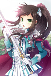 Rule 34 | 1girl, brown hair, cape, cross, cross earrings, earrings, epaulettes, gloves, green eyes, holding, jacket, jewelry, long hair, lowres, mauve, open mouth, pantyhose, ponytail, resized, rosary, solo, striped, sword, sword girls, weapon, white pantyhose