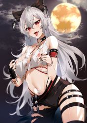 Rule 34 | 1girl, animal collar, animal ear fluff, animal ears, bare shoulders, bat earrings, belt, black nails, blush, breasts, collar, crescent, crescent earrings, cropped shirt, denim, earrings, full moon, grey hair, highres, indie virtual youtuber, jeans, jewelry, kasumi komo, large breasts, long hair, looking at viewer, moon, nail polish, navel, navel piercing, nipples, open mouth, pants, piercing, red eyes, ring, smile, starzorz, tongue, tongue out, torn clothes, torn jeans, torn pants, virtual youtuber, wolf girl