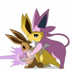 Rule 34 | animal focus, animated, black eyes, closed mouth, creatures (company), eevee, energy, espeon, forked tail, full body, game freak, gen 1 pokemon, gen 2 pokemon, holding, hunter x hunter, jolteon, master ball, nintendo, no humans, poke ball, pokemon, pokemon (creature), simple background, standing, tagme, tail, taro (tontaro), thrown, video, white background