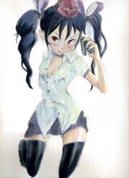 Rule 34 | 1girl, black hair, black thighhighs, cellphone, female focus, gradient background, hat, highres, himekaidou hatate, painting (medium), phone, shirt, skirt, solo, thighhighs, tokin hat, touhou, traditional media, twintails, unbuttoned, warabe yume, watercolor (medium), white background, white shirt, zettai ryouiki