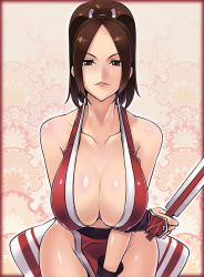 Rule 34 | 1girl, bad id, bare shoulders, breasts, brown eyes, brown hair, cleavage, folded fan, hand fan, fatal fury, fingerless gloves, folding fan, gloves, hanging breasts, large breasts, nek, pelvic curtain, ponytail, revealing clothes, shiranui mai, side slit, snk, solo, the king of fighters
