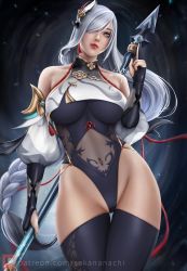 Rule 34 | 1girl, bare shoulders, black gloves, black leotard, black thighhighs, blue nails, braid, breasts, closed mouth, elbow gloves, genshin impact, gloves, grey eyes, grey hair, hair ornament, hair over one eye, highres, holding, holding polearm, holding weapon, large breasts, leotard, lipstick, long hair, looking at viewer, low-braided long hair, low-tied long hair, makeup, nail polish, partially fingerless gloves, patreon logo, patreon username, polearm, sakananachi, shenhe (genshin impact), solo, spear, thighhighs, underboob, weapon, white hair