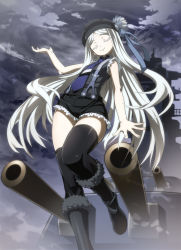 Rule 34 | 10s, 1girl, aoki hagane no arpeggio, beret, black footwear, black thighhighs, boots, colored skin, closed eyes, female focus, from below, fur-trimmed boots, fur boots, fur trim, hat, highres, knee boots, long hair, military, military vehicle, musashi (aoki hagane no arpeggio), necktie, nyoro (nyoronyoro000), outdoors, ship, short shorts, shorts, silver hair, sky, smile, solo, suspenders, thighhighs, turret, warship, watercraft, white skin