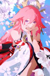 Rule 34 | 1girl, animal ears, artist name, bare shoulders, cherry blossoms, closed mouth, day, detached sleeves, earrings, eyebrows hidden by hair, falling petals, flower, fox ears, genshin impact, hair between eyes, hand on own cheek, hand on own chin, hand on own face, hands up, head rest, highres, jewelry, light smile, lips, looking at viewer, petals, pink hair, purple eyes, revision, shirt, signature, sky, solo, sunlight, turtleneck, white flower, white shirt, white sleeves, wide sleeves, yae miko, yueko (jiayue wu)