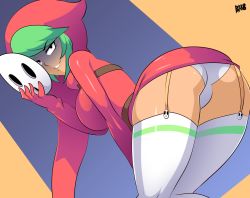 Rule 34 | ass, ass focus, bad id, bad tumblr id, bent over, bigdead, breasts, dated, garter straps, gradient background, green hair, grin, half-closed eyes, long hoodie, long sleeves, looking at viewer, looking back, mario (series), mask, nintendo, panties, red sweater, short hair, shy gal, skindentation, smile, solo, strap, striped clothes, striped thighhighs, sweater, thighhighs, thighs, underwear, unworn mask, white panties, white thighhighs
