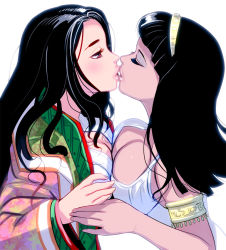 Rule 34 | 2girls, armlet, bad id, bad pixiv id, black hair, blush, breast press, breasts, cleavage, cleopatra (historical person), closed eyes, egyptian, hairband, holding hands, kiss, kouno (masao), large breasts, lips, long hair, multiple girls, murasaki shikibu (historical person), original, profile, real life, real life insert, red eyes, simple background, symmetrical docking, time paradox, upper body, white background, yuri