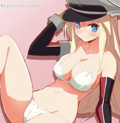 Rule 34 | 10s, 1girl, 9law, adapted costume, alternate costume, bad id, bad pixiv id, bare shoulders, bikini, bismarck (kancolle), blonde hair, blue eyes, blush, breasts, cameltoe, cleft of venus, hat, kantai collection, large breasts, looking at viewer, navel, peaked cap, pink background, smile, solo, swimsuit, twitter username, white bikini