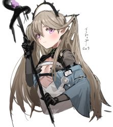 Rule 34 | 1girl, arknights, black gloves, blush, breasts, commentary request, cropped torso, gloves, grey hair, hair between eyes, hand up, highres, holding, holding staff, horn/wood, indigo (arknights), infection monitor (arknights), long hair, long sleeves, looking at viewer, pointy ears, purple eyes, simple background, small breasts, solo, staff, translation request, two side up, upper body, white background