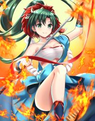 Rule 34 | 1girl, bandages, bandeau, breasts, cleavage, collarbone, earrings, fire, fire emblem, fire emblem: the blazing blade, fire emblem heroes, green eyes, green hair, high ponytail, highres, holding, holding polearm, holding weapon, japanese clothes, jewelry, kakiko210, lantern, large breasts, leg up, long hair, looking at viewer, lyn (fire emblem), mask, mask on head, nintendo, official alternate costume, paper lantern, polearm, ponytail, rope belt, sarashi, shirt, short sleeves, single-shoulder shirt, single bare shoulder, skirt, skirt set, smile, solo, strapless, tube top, very long hair, weapon