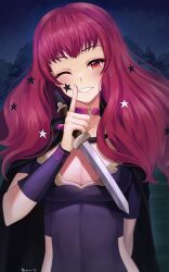 Rule 34 | 1girl, black cape, breasts, cape, choker, cleavage, commentary, dagger, doiparuni, facial mark, fire emblem, fire emblem engage, grin, hair ornament, hand up, highres, holding, holding dagger, holding knife, holding weapon, index finger raised, knife, large breasts, long hair, looking at viewer, nintendo, one eye closed, pink choker, red eyes, red hair, reverse grip, short sleeves, smile, solo, star (symbol), star hair ornament, upper body, very long hair, weapon, yunaka (fire emblem)