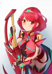 Rule 34 | 1girl, aegis sword (xenoblade), black gloves, breasts, chest jewel, earrings, fingerless gloves, gem, gloves, headpiece, highres, jewelry, large breasts, pyra (xenoblade), red eyes, red hair, red shorts, shizuki muika, short hair, short shorts, shorts, solo, swept bangs, sword, thighhighs, tiara, weapon, xenoblade chronicles (series), xenoblade chronicles 2