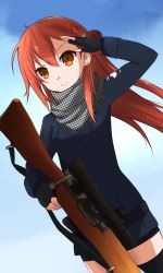 Rule 34 | 10s, 1girl, black thighhighs, bolt action, brown hair, cowboy shot, dutch angle, fingerless gloves, gloves, gun, gun sling, hair ornament, hairclip, highres, hmcs haida (g63), kantai collection, lee-enfield, long hair, myuto (advent retribution), no headwear, original, personification, rifle, royal canadian navy, salute, scarf, scope, smile, solo, split mouth, thighhighs, weapon, yellow eyes