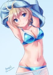 Rule 34 | 1girl, artist name, bikini, bikini under clothes, blonde hair, blue background, blue bikini, blue eyes, blue sweater, brave witches, breasts, cleavage, commentary request, cowboy shot, haruhata mutsuki, looking at viewer, medium breasts, navel, nikka edvardine katajainen, pantyhose, ribbed sweater, short hair, simple background, smile, solo, sweater, swimsuit, swimsuit under clothes, twitter username, undressing, white pantyhose, world witches series
