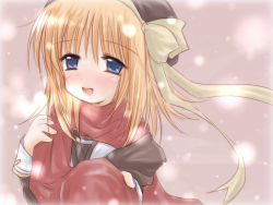 Rule 34 | 00s, 1girl, :d, artist request, blonde hair, blue eyes, blush, coat, fuyou kaede, hat, long hair, open mouth, pov, red scarf, scarf, shuffle!, smile, solo, upper body, winter clothes, winter coat