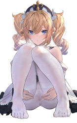 Rule 34 | 1girl, absurdres, barbara (genshin impact), bare shoulders, betabeet, blonde hair, blue eyes, blush, censored, detached sleeves, dress, drill hair, genshin impact, hair between eyes, hair ornament, highres, long hair, long sleeves, looking at viewer, mosaic censoring, no panties, no shoes, pantyhose, pussy, ringlets, simple background, sitting, solo, spread pussy, spread pussy under clothes, thighband pantyhose, twin drills, twintails, white background, white dress, white headwear, white pantyhose