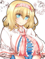 Rule 34 | 1girl, alice margatroid, aqua eyes, blonde hair, blush, breasts, female focus, hairband, highres, large breasts, short hair, smile, solo, split mouth, syroh, touhou, white background