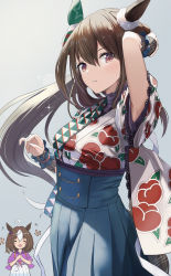 Rule 34 | 2girls, absurdres, admire vega (auspicious star in the sky at daybreak) (umamusume), admire vega (umamusume), ahoge, animal ears, arm behind head, breasts, brown hair, closed eyes, ear covers, furisode, hakama, hand up, highres, horse ears, horse girl, horse tail, japanese clothes, kimono, may9, medium breasts, meisho doto (padding sores should she go flying) (umamusume), meisho doto (umamusume), multicolored hair, multiple girls, own hands together, parted lips, ponytail, purple eyes, scrunchie, short hair, sidelocks, signature, single ear cover, sparkle, tail, two-tone hair, umamusume, white hair, wrist scrunchie