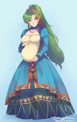 Rule 34 | 1girl, breasts, commission, covered erect nipples, dress, earrings, fire emblem, fire emblem: the blazing blade, fire emblem heroes, green eyes, green hair, high ponytail, highres, jewelry, large breasts, long hair, looking at viewer, lyn (fire emblem), lyn (valentine) (fire emblem), nintendo, ponytail, pregnant, roarke (lavenderincubus), simple background, smile, solo, very long hair