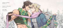 Rule 34 | 2boys, battle tendency, blonde hair, blue eyes, brown hair, caesar anthonio zeppeli, collaboration, face-to-face, facial mark, feather hair ornament, feathers, fingerless gloves, gloves, green eyes, green scarf, grin, hair ornament, headband, highres, jojo no kimyou na bouken, joseph joestar, joseph joestar (young), male focus, mubebe 0p, multicolored clothes, multicolored scarf, multiple boys, pink scarf, ranch jjba, scarf, scarf grab, smile, striped clothes, striped scarf, triangle print, vertical-striped clothes, vertical-striped scarf, yellow scarf