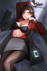 Rule 34 | 1girl, absurdres, black bra, black panties, black pantyhose, blue eyes, bra, breasts, brown hair, cellphone, cleavage, commentary, dress shirt, english commentary, gun, handgun, highres, id card, jacket, lying, medium breasts, medium hair, office lady, on bed, open clothes, open shirt, original, panties, pantyhose, pantyshot, pencil skirt, phone, red shirt, shirt, skirt, smartphone, smile, solo, suit jacket, text messaging, trigger discipline, underwear, weapon, yimie10