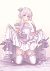 Rule 34 | 1girl, absurdres, alternate costume, bare shoulders, blush, breasts, bridal veil, brown background, closed mouth, detached sleeves, dress, dress flower, falling petals, flower, full body, garter straps, gloves, hair flower, hair ornament, highres, kneeling, lace, lace-trimmed legwear, lace trim, long hair, looking at viewer, medium breasts, petals, puffy short sleeves, puffy sleeves, purple eyes, purple hair, revision, rose, shade of trees, short hair with long locks, short sleeves, sidelocks, signature, simple background, skirt hold, solo, strapless, strapless dress, thighhighs, variant set, veil, vocaloid, voiceroid, wedding dress, white dress, white flower, white gloves, white rose, white thighhighs, yuzuki yukari