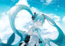 Rule 34 | 1girl, absurdres, ahoge, aqua hair, aqua necktie, backlighting, bare shoulders, bird, black skirt, black sleeves, blurry, blurry foreground, closed eyes, cloud, commentary, detached sleeves, floating hair, grey shirt, hair ornament, hatsune miku, headphones, highres, long hair, necktie, open mouth, outdoors, pale skin, revision, shirt, skirt, sky, sleeveless, sleeveless shirt, smile, solo, staff (music), symbol-only commentary, twintails, upper body, very long hair, vocaloid, yurun (yurun ume)