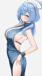 Rule 34 | 1girl, absurdres, ako (blue archive), ako (dress) (blue archive), backless dress, backless outfit, black hairband, blue archive, blue dress, blue eyes, blue hair, blue halo, blush, breasts, cleavage, cowboy shot, cuffs, dress, dubeaduver, hair between eyes, hairband, halo, handcuffs, highres, large breasts, long hair, looking at viewer, official alternate costume, sideboob, simple background, sleeveless, sleeveless dress, solo, thighs, white background