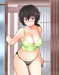 Rule 34 | 10s, 1girl, black hair, black panties, blue eyes, blush, breasts, cleavage, girls und panzer, glasses, groin, large breasts, navel, no bra, open mouth, oryou (girls und panzer), panties, solo, tanaka rikimaru, tank top, underwear