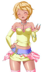 Rule 34 | 1girl, armband, bare shoulders, bead bracelet, beads, blonde hair, blue eyes, blue nails, blush, bracelet, breasts, cleavage, closed eyes, dark-skinned female, dark skin, detached sleeves, female focus, fingernails, ganguro, hand on own hip, happy, highres, jewelry, kneehighs, lots of jewelry, midriff, nail polish, necklace, open mouth, original, pink thighhighs, ring, sabotencc, short hair, simple background, small breasts, socks, solo, standing, thighhighs, white background, zettai ryouiki