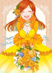 Rule 34 | 1girl, bouquet, breasts, brown hair, choker, cleavage, closed eyes, commentary, dated, dress, earrings, english text, facing viewer, female focus, flower, frilled sleeves, frills, hair flower, hair ornament, happy birthday, highres, ho ji chan47, holding, holding bouquet, jewelry, long dress, long hair, long sleeves, mary hunt, medium breasts, necklace, open mouth, orange flower, otome game no hametsu flag shika nai akuyaku reijou ni tensei shite shimatta, pearl necklace, smile, solo, standing, swept bangs, twitter username, v arms, yellow choker, yellow dress