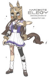 Rule 34 | 1girl, bandaged fingers, bandages, bandaid, bandaid on arm, bandaid on hand, bow, bowtie, brown footwear, brown hair, fake tail, frilled skirt, frills, haribote elegy, highres, horse mask, horse tail, horseshoe ornament, jaggy lines, kneehighs, kopperion, loafers, loose socks, mask, pleated skirt, puffy short sleeves, puffy sleeves, purple bow, purple bowtie, purple shirt, sailor collar, sailor shirt, school uniform, shirt, shoes, short sleeves, simple background, single leg pantyhose, skirt, socks, solo, summer uniform, tail, tracen school uniform, umamusume, white background, white skirt, white socks
