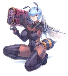 Rule 34 | 1girl, absurdres, alternate breast size, antennae, armored bodysuit, arthropod girl, ayanami rei, bee girl, black bodysuit, blue hair, bob cut, bodysuit, breasts, bug, copyright request, covered erect nipples, covered navel, curtains, gundam, hair between eyes, hexagon, highleg, highleg leotard, highres, holding, holding weapon, insect girl, insect wings, large breasts, leotard, mogudan, neon genesis evangelion, over shoulder, plugsuit, red eyes, rocket launcher, short hair, skin tight, solo, squatting, thighhighs, weapon, weapon over shoulder, white background, wide hips, wings