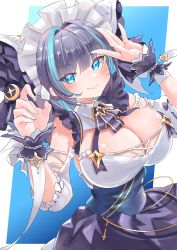 Rule 34 | 1girl, absurdres, animal ears, aqua eyes, arms up, azur lane, black hair, blue background, blush, border, breasts, cheshire (azur lane), claw pose, cleavage, detached sleeves, dress, frills, hairband, highres, large breasts, looking at viewer, maid headdress, multicolored hair, ribbon, short hair, simple background, smile, solo, streaked hair, take yaki, thighhighs, white thighhighs, wrist cuffs