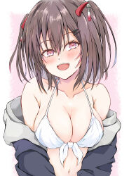 Rule 34 | 1girl, alternate costume, bikini, breasts, brown hair, dairyo3, front-tie bikini top, front-tie top, hair ornament, hairclip, highres, kantai collection, medium breasts, navel, open mouth, purple eyes, sendai (kancolle), sendai kai ni (kancolle), solo, swimsuit, two side up, upper body, white bikini