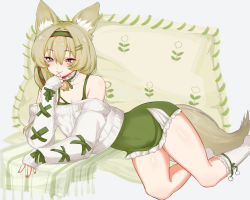 Rule 34 | 1girl, animal ear fluff, animal ears, arknights, bare shoulders, beanstalk (arknights), beanstalk (gift uncompleted) (arknights), bell, collar, collarbone, cturasl, dress, green dress, green hairband, grey background, grey hair, hair between eyes, hair ornament, hairband, hairclip, hand up, kneehighs, long sleeves, looking at viewer, nail art, neck bell, off-shoulder sweater, off shoulder, official alternate costume, pencil dress, red eyes, short dress, short hair, simple background, sleeves past wrists, smile, socks, solo, spaghetti strap, sweater, thighs, white socks, white sweater