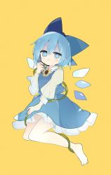 Rule 34 | 1girl, 76gpo, barefoot, blue bow, blue dress, blue eyes, blue hair, bow, cirno, closed mouth, dress, flower, full body, hair bow, ice, ice wings, long sleeves, looking at viewer, short hair, simple background, smile, solo, sunflower, touhou, wings, yellow background