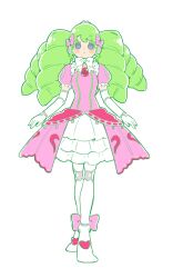 Rule 34 | 1girl, blush, bow, colored eyelashes, dress, drill hair, falulu, frilled dress, frills, fugota6509, full body, gloves, green hair, grey eyes, headphones, highres, joints, long hair, looking at viewer, pink bow, pink dress, pretty series, pripara, puffy short sleeves, puffy sleeves, robot joints, short sleeves, simple background, solo, standing, tiara, twin drills, twintails, white background, white gloves